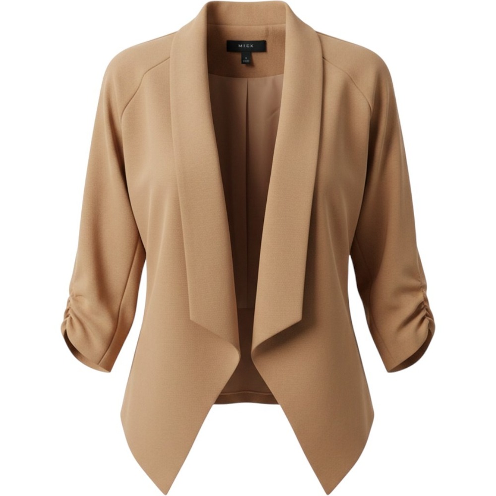 Mine Womens Tan Open Front Draped Waterfall Blazer Jacket Cinched 3/4 Sleeve M